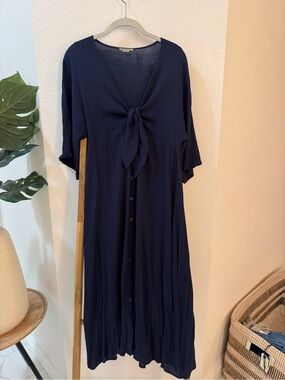 Nordstrom Navy Blue Midi Dress with Front Tie Cotton Fabric